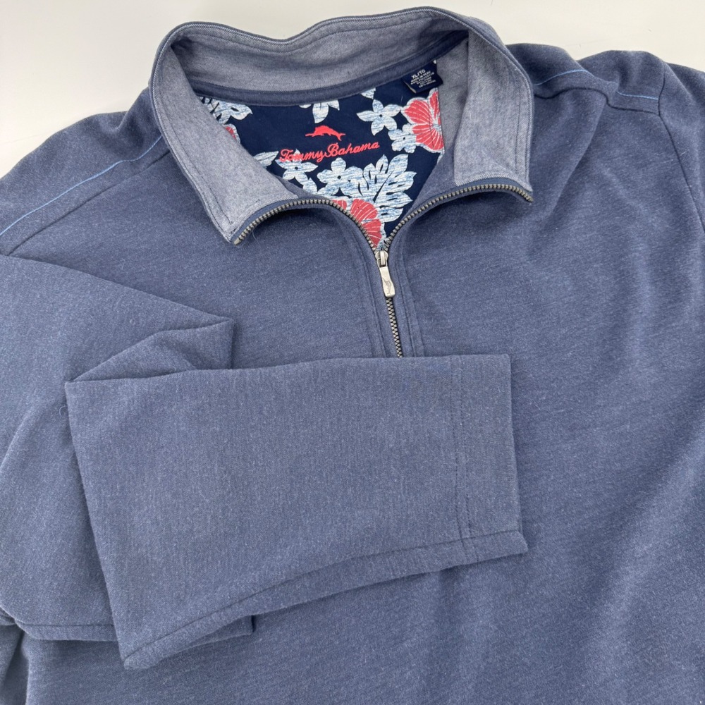 Tommy‎ Bahama Mens XL Navy Blue Quarter Zip Pima Cotton Modal Pullover Sweater